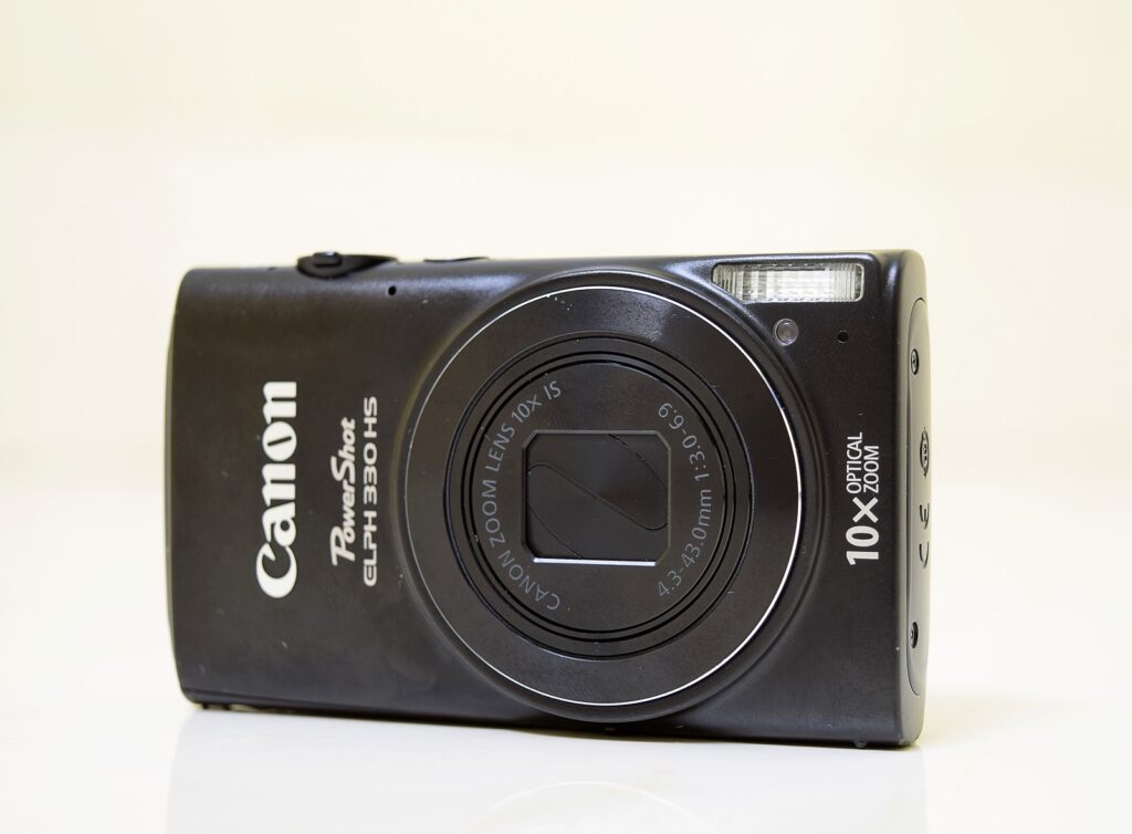 Canon PowerShot ELPH 330 HS compact digital camera with 10x optical zoom, silver body, displayed on a white background – product photo for 2025 review.