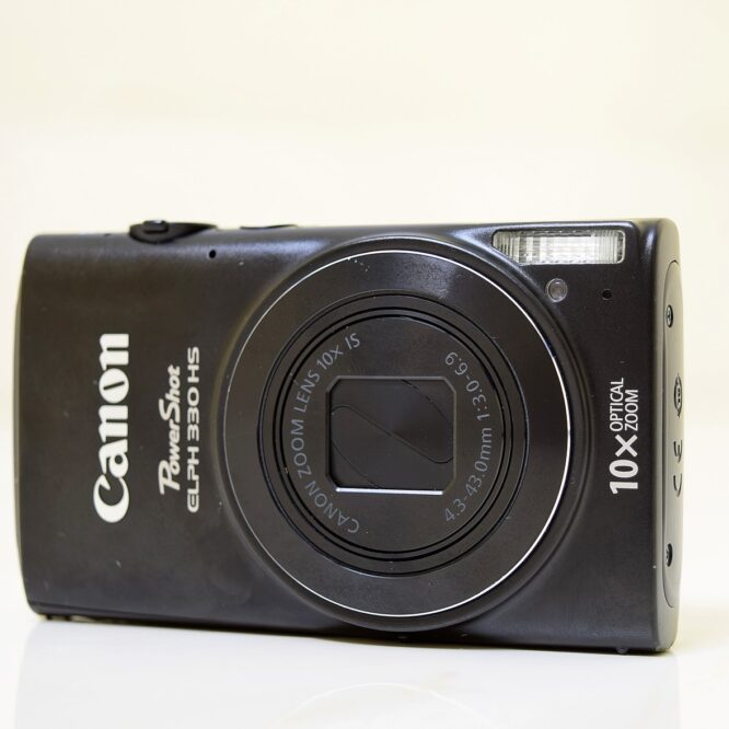 Canon PowerShot ELPH 330 HS compact digital camera with 10x optical zoom, silver body, displayed on a white background – product photo for 2025 review
