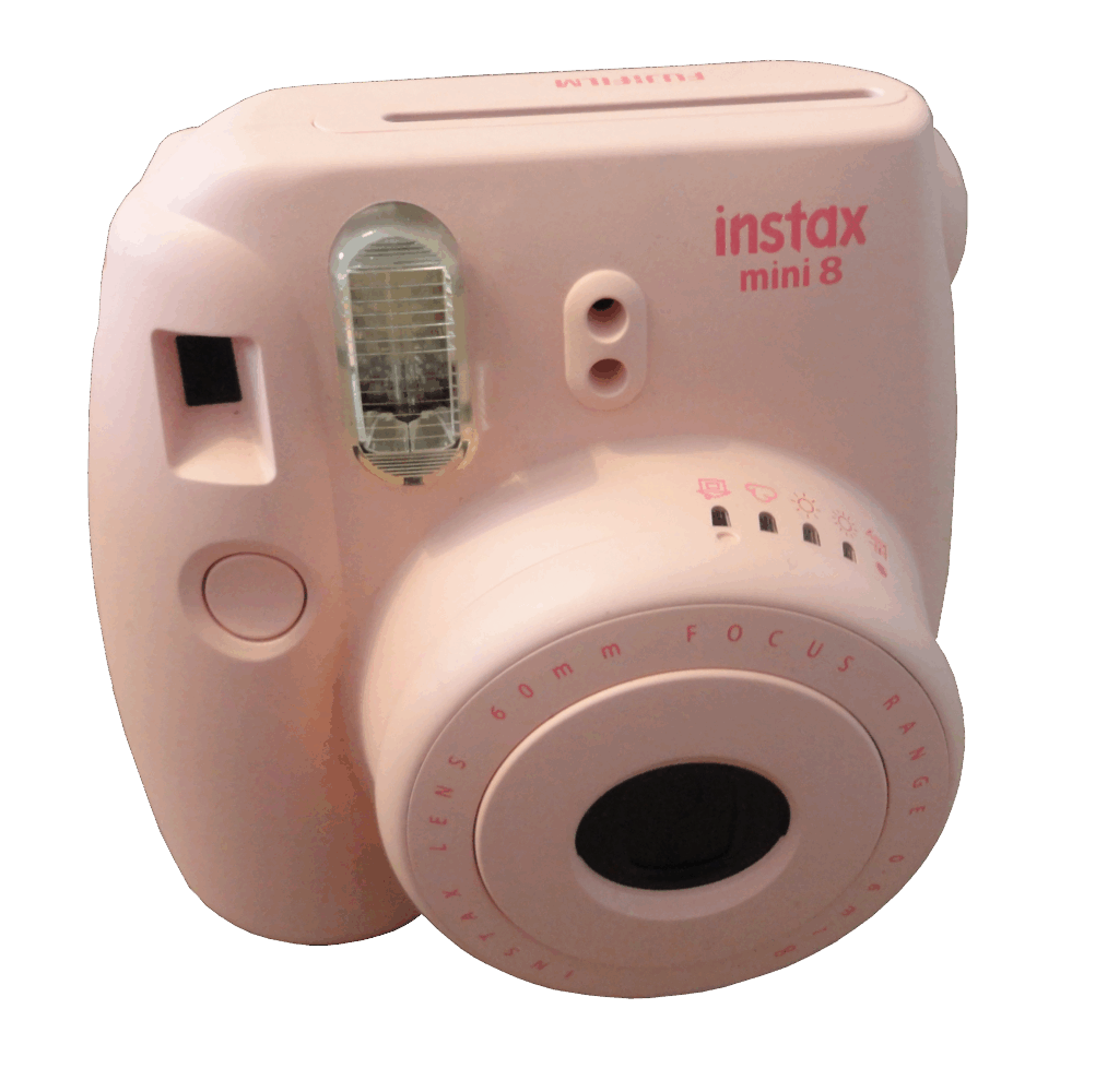 Front view of the Fujifilm Instax Mini 8 Pink body on white background. Instant Film Camera